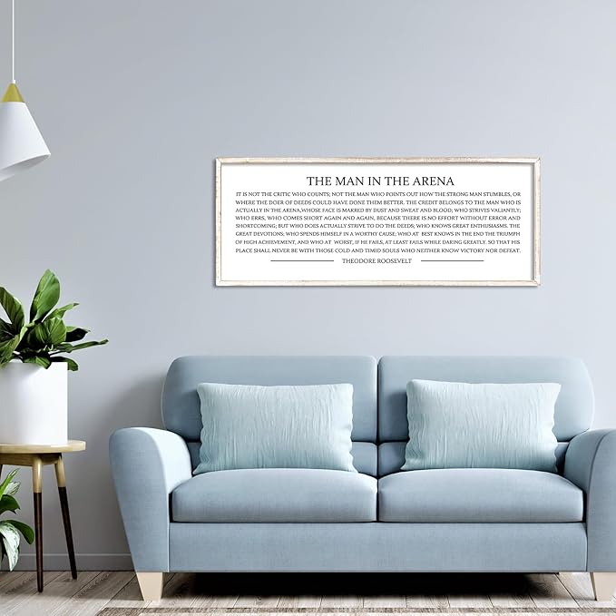 LuZhiQiang The Man in the Arena Wall Decor 40''x15'' Inspirational Quotes Office Wood Framed Sign Rustic Home Motivational Art For Man Entrepreneur Morden Living Room Wall Hanging Decor (White)-Ruum Studio Home