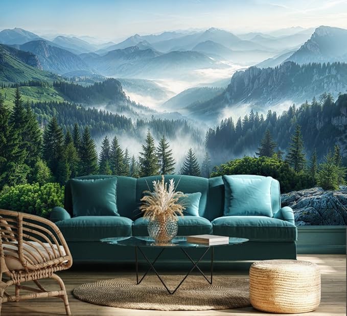 Misty Pine Forest Wallpaper Mountain Peaks Landscape Landscape Wall Mural (Not Peel and Stick)-Ruum Studio Home