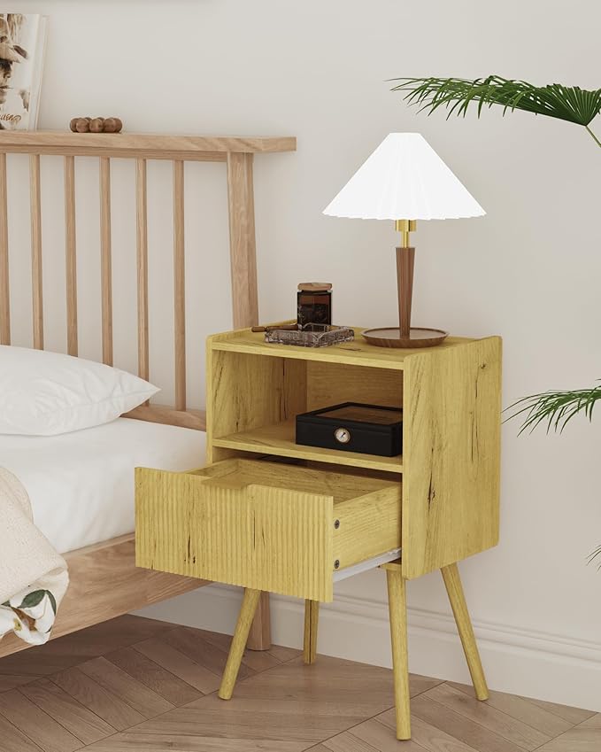 Nightstand,Modern Bedside Table with Storage Drawer and Open Wood Shelf, Accent Night Stand with Solid Wood Legs for Living Room, Bedroom and Small Spaces,Easy Assembly (Yellow Oak)-Ruum Studio Home