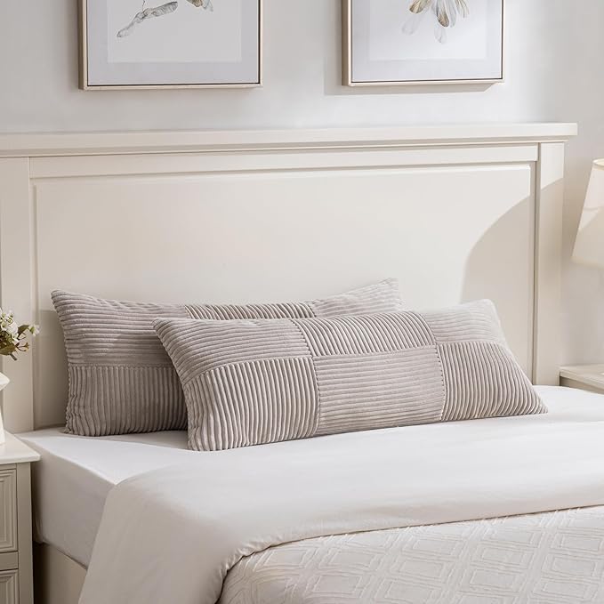 Fancy Homi Set of 2 Neutral Taupe Boho Long Lumbar Body Decorative Throw Pillow Cover 14x36 Inch for Bed Couch Bedroom Bench, Soft Patchwork Corduroy Textured Pillow Case, Farmhouse Room Decor-Ruum Studio Home