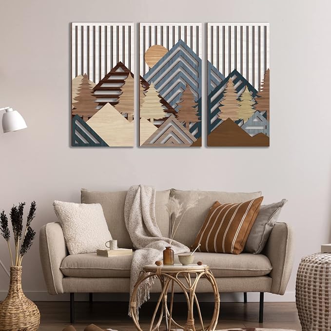 IARTTOP Abstract Mountain Wood Wall Art Large geometric Forest Pine Trees Wooden Wall Decor Boho Sun Nature Landscape Wall Decor for Bedroom Living Room Office-16 x32 Inch Set of 3-Ruum Studio Home
