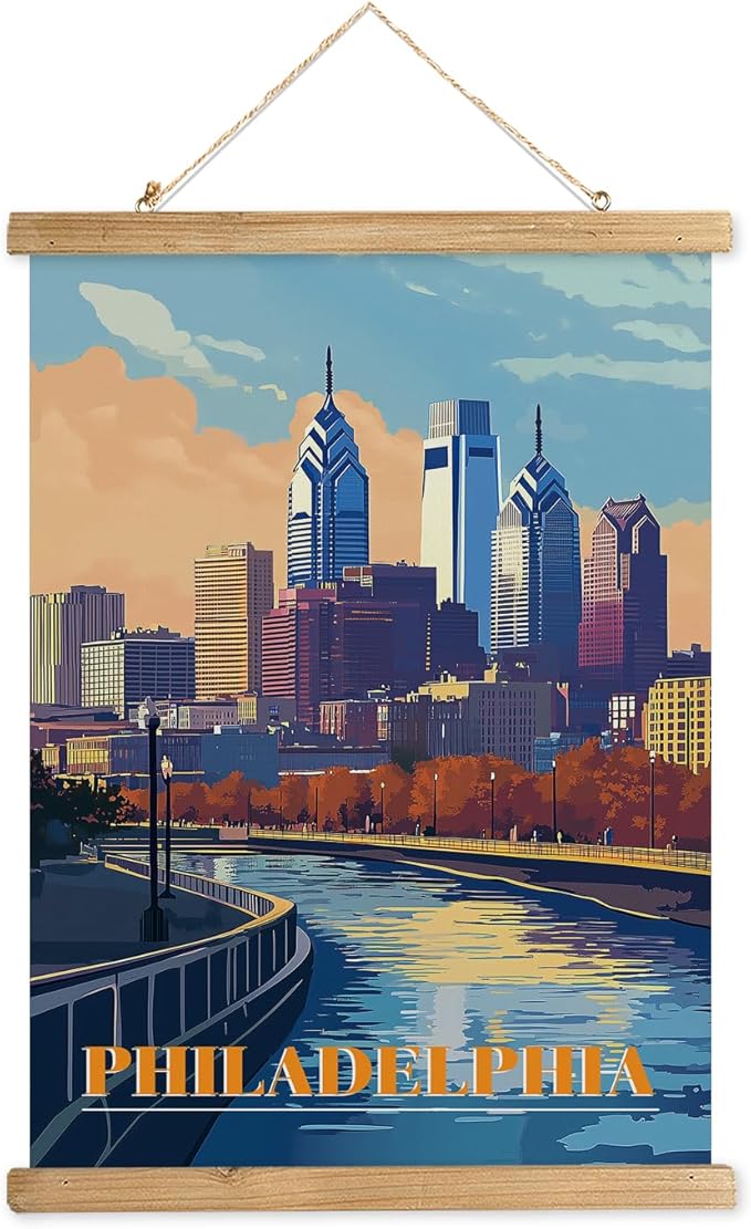 WREVERW Vintage Philadelphia Poster Canvas Print with Wooden Hanger Frame, Featuring Skyline and Schuylkill River, Wall Art for Home and Office Decor, 16x23 inches-Ruum Studio Home