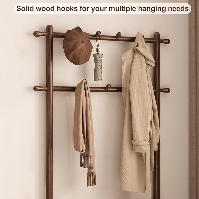 Hall Tree, Coat Rack with Shoe Storage, Wooden Hall Tree with Bench, 11 Hooks and 2-Tier Storage Shelves, Entryway Bench with Coat Rack (31.5" - Deep Walnut)-Ruum Studio Home