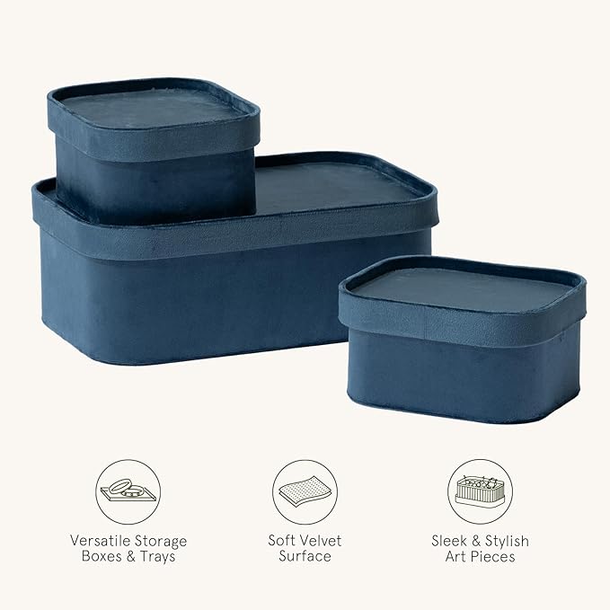 La Jolie Maison Velvet Storage Baskets with Lids, Sturdy Stackable Cardboard Boxes with Decorative Trays, Organizer Bins for Bathroom Bedroom Organizing, Prussian Blue, Set of 3-Ruum Studio Home
