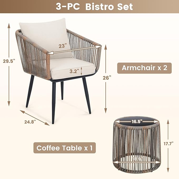 Kromax 3 Pieces Patio Rattan Bistro Conversation Set, Outdoor All-Weather Wicker Furniture Chairs and Side Table Set Ideal for Balcony, Porch and Backyard, Beige-Ruum Studio Home