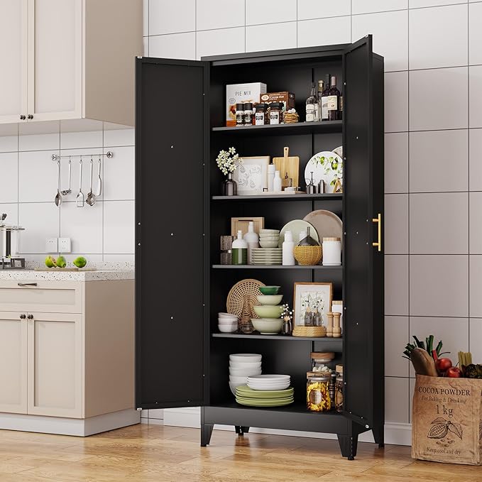 71" H Metal Kitchen Pantry Storage Cabinet, Freestanding Cupboard with 2 Doors and 4 Adjustable Shelves, Standing Storage for Kitchen, Bathroom, Garage, Dinning Room or Utility Room（Black）-Ruum Studio Home