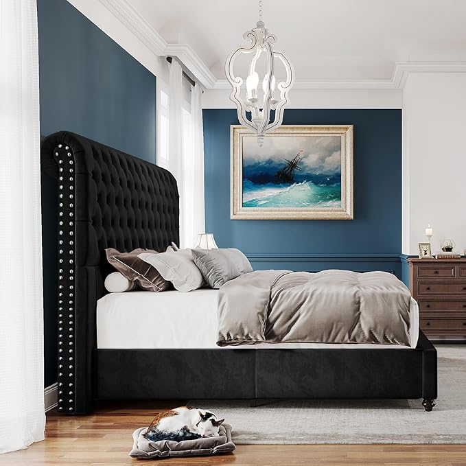 PaPaJet Bed Frame Queen Size Upholstered Platform Bed with 52.8'' Tall Sleigh Headboard, Button Tufted, No Box Spring Needed, Easy Assembly, Black-Ruum Studio Home