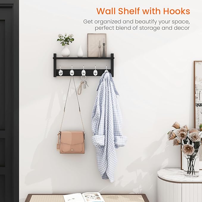 Homode Wall Coat Rack With Shelf, Wood Entryway Hanger With Hooks, Small Floating Pegs for Hanging Coats, Hats, Purses, Backpacks, Black-Ruum Studio Home