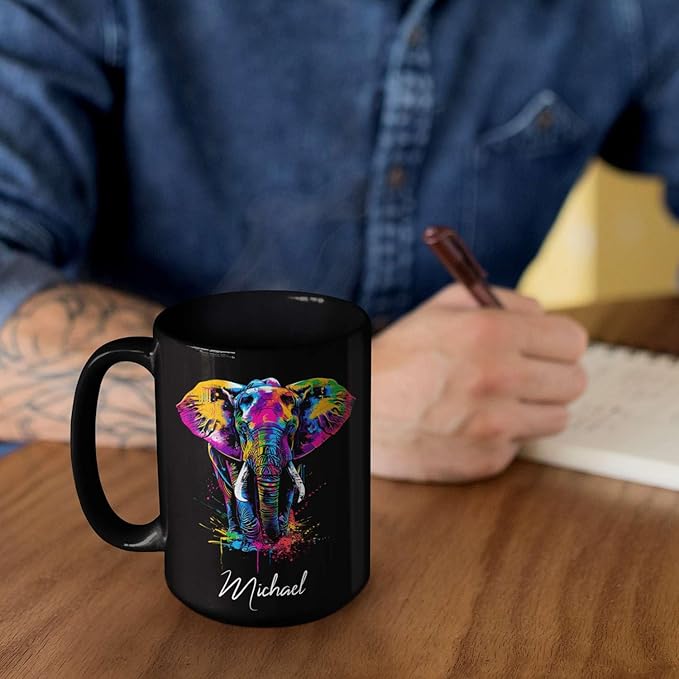 Elephant Coffee Mug 11oz 15oz, Personalized Name Animal Black Cup, Gift For Elephant Lovers, Custom Colorful Animal Design Mug, Gifts For Son Daughter On Birthday-Ruum Studio Home