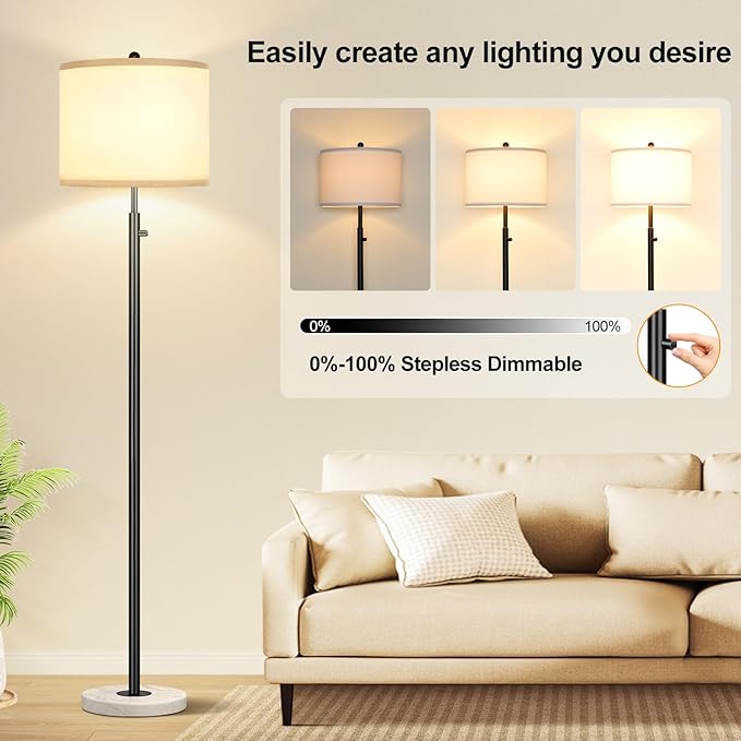 Nintiue Dimmable Floor Lamp for Living Room, 11W LED Bulb Included, Modern Standing Lamp with Marble Base, Tall Pole Light with White Linen Shade for Bedroom Reading Office Corner Nursery-Black-Ruum Studio Home