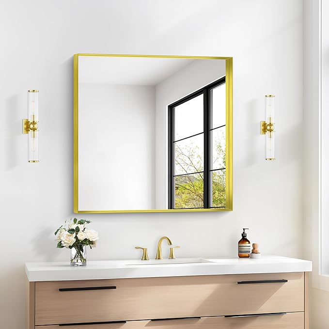 Gold Bathroom Mirror, 30x30 Inch Rectangular Framed Mirror, Large Wall Mounted Bathroom Vanity Mirror Over Sink for Bedroom,Restroom, Living Room, Hangs Vertically or Horizontally-Ruum Studio Home