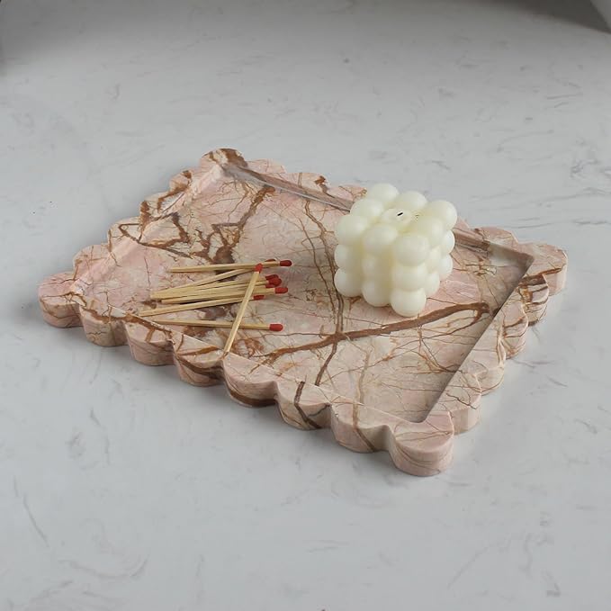 Natural Luxury Scalloped Marble Tray 10.8"x8", Rectangle Vanity Tray for Bathroom Kitchen Counter, Decorative Tray for Dresser Home Decor (Pink Marble)-Ruum Studio Home