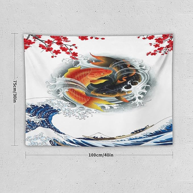 Houselerax Koi Fish Tapestry, Japanese Style Yin Yang Big Wave Cherry Blossoms Tapestries Wall Hanging for Bedroom Living Room Office Decor 40"x30"-Ruum Studio Home