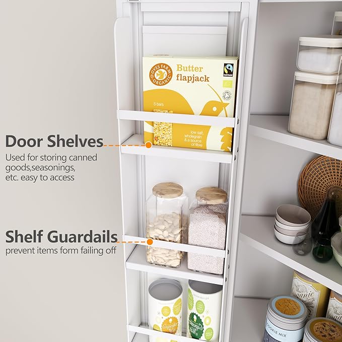 74.8" Tall Metal Food Cabinet, White Kitchen Pantry Cabinet, Storage Cabinets with 4 Door and 4 Adjustable Shelves, Steel Freestanding Cupboard for Kitchen Dining Room Living Room Bathroom-Ruum Studio Home