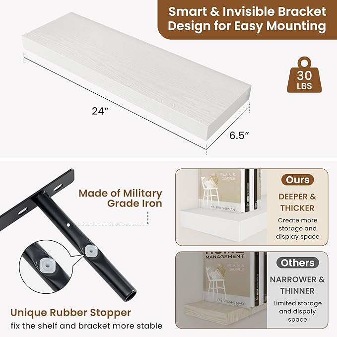 fuqing Floating Shelves for Wall, Bathroom Shelf Wall Mounted for Storage, Shelves with Invisible Bracket for Bedroom, Kitchen, Living Room, Farmhouse Small Book Shelf, 24 Inch Set of 2, White-Ruum Studio Home