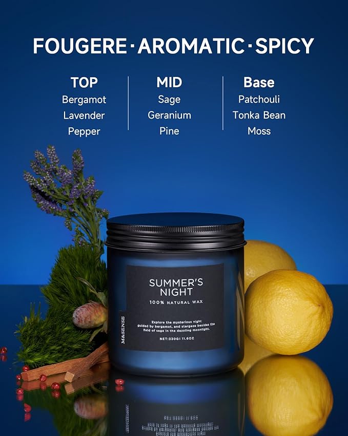M&SENSE Summer's Night Scented Candle, 11.6oz Natural Soy Wax Clean Non Toxic for Home, Medium 2 Wick Gifts for Men, Up to 70 Hours Burn time, Manly Candles for Bedroom-Ruum Studio Home