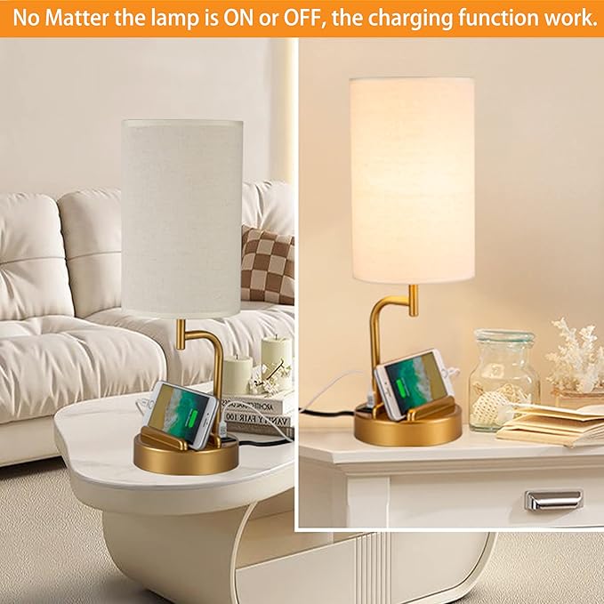 Dreamholder Touch Control USB Table Lamp, Upgraded 3-Way Dimmable Bedside Desk Lamp with USB C & A Charging Ports and AC Outlet, Nightstand Lamp for Bedroom, Dimmable Bulb Included, Gold-Ruum Studio Home