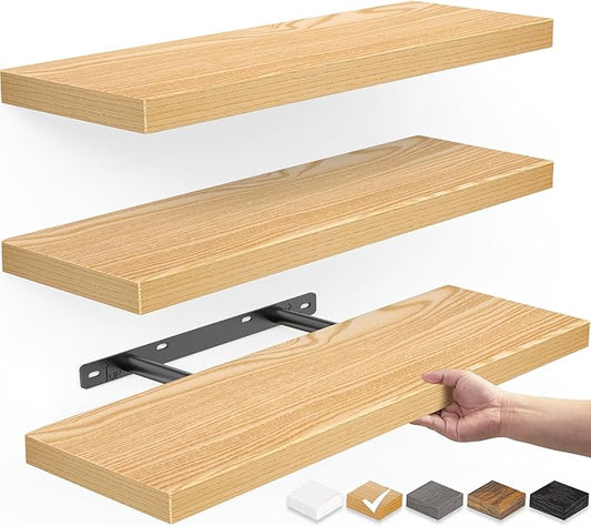 BAYKA Floating Shelves for Wall, Wall Mounted Rustic Wood Shelves for Bathroom, Bedroom, Living Room, Kitchen,Small Hanging Shelf for Books/Storage/Room Decor (Oak-Toned, Set of 3, 15.7in)-Ruum Studio Home