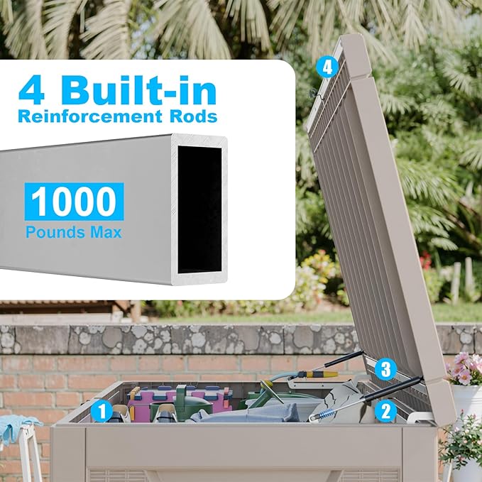 260 Gallon Large Resin Deck Box, Lockable Outdoor Storage Box for Patio Cushions Storage Furniture,Garden Tools, Pool Supplies, Weatherproof and UV Resistant- Grey Rattan (260 Gallon)-Ruum Studio Home