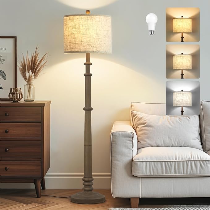 Floor Lamps for Living Room - 60" Resin Farmhouse Floor Lamp with 3 Color Temperatures - Vintage Standing Lamp Reading Light with Linen Shade Retro Tall Lamp for Bedroom Office, Grey-Ruum Studio Home