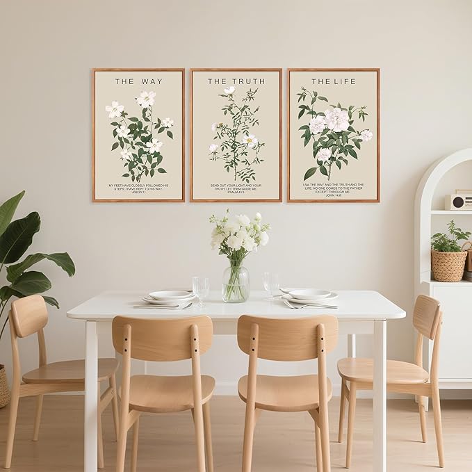 Aurlan The Way The Truth The Life Bible Verse Framed Wall Art(16"x24"), 3PCS Boho Christian Scripture Canvas Artwork, Large Floral Botanical Job 23:11 Psalm 43:3 John 14:6 Decor for Home Bedroom-Ruum Studio Home