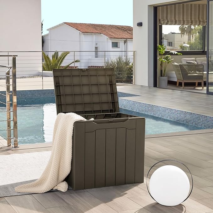 JUMMICO 31 Gallon Resin Deck Box Waterproof Indoor Outdoor Storage Boxes for Patio Furniture Cushions and Garden Tools (Brown)-Ruum Studio Home