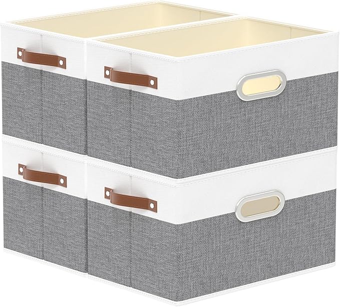 Yawinhe Fabric Storage Baskets, Foldable Closet Organizer for Shelves, Large Boxes with 3 Handles, Canvas Bins for Clothes, White/Grey, 12.99''Lx9.05''Wx7.87''H, 4-Pack-Ruum Studio Home