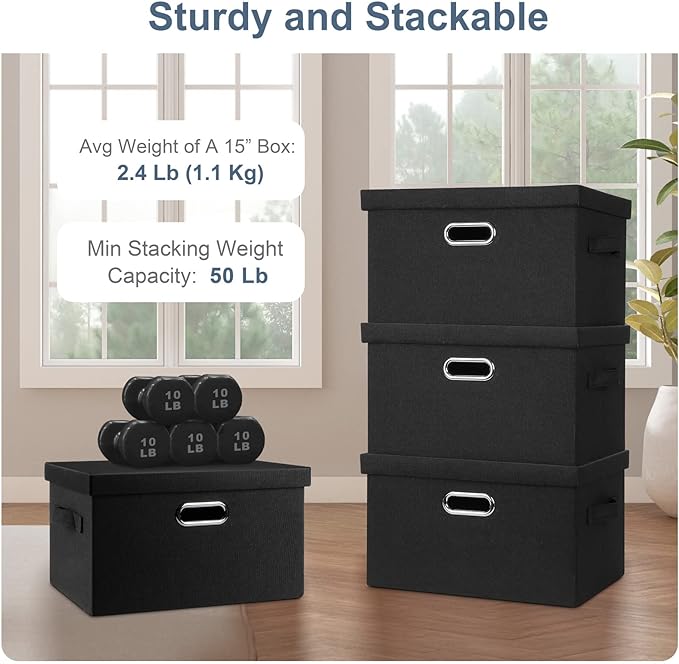 Medium 15" 21 Quart Collapsible Stackable Storage Bins with Lids, 5 Packs Black Foldable Fabric Closet Storage Boxes with Lids, Lidded Heavy-duty Linen Baskets(15x11x8)-Ruum Studio Home