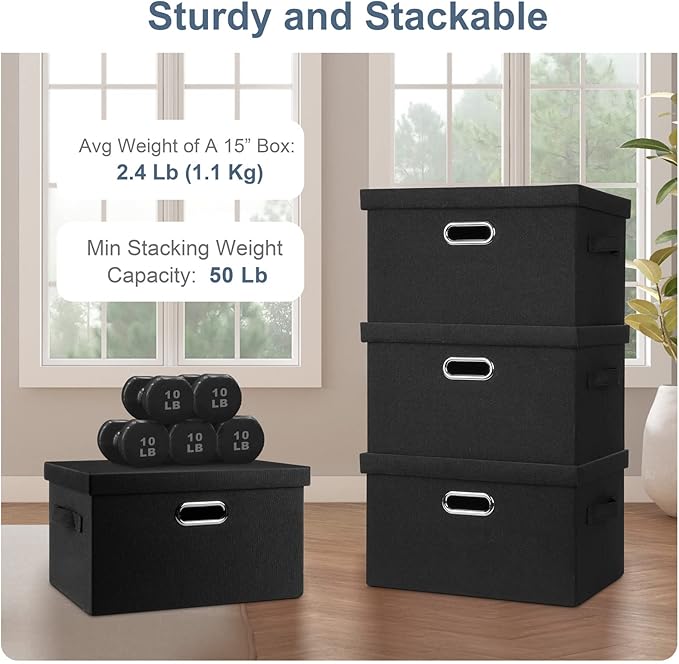 Medium 15" 21 Quart Collapsible Stackable Storage Bins with Lids, 3 Packs Black Foldable Fabric Closet Boxes Heavy-duty Lidded Linen Cube Basket Container Organizer and Storage for Bedroom-Ruum Studio Home