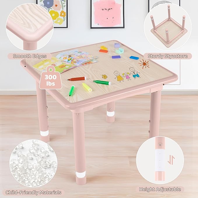 Kids Table and 2 Chairs Set, Height Adjustable (17.7"-26.1") Toddler Table and Chair Set, Multi-Activity Table with Graffiti Desktop, Children’s Table and Chairs for Classroom, Home & Daycare-Ruum Studio Home