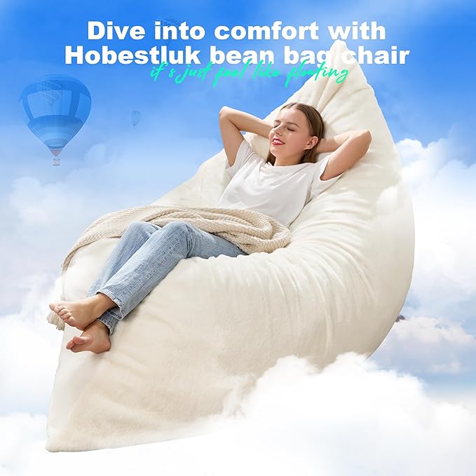 Hobestluk 3 in 1 Bean Bag Chair Giant Bean Bag Chairs for Adults with Plush Faux Fur Cover Convertible Bean Bag Floor Cushion with Machine Washable Cover for Living Room (Plush White)-Ruum Studio Home