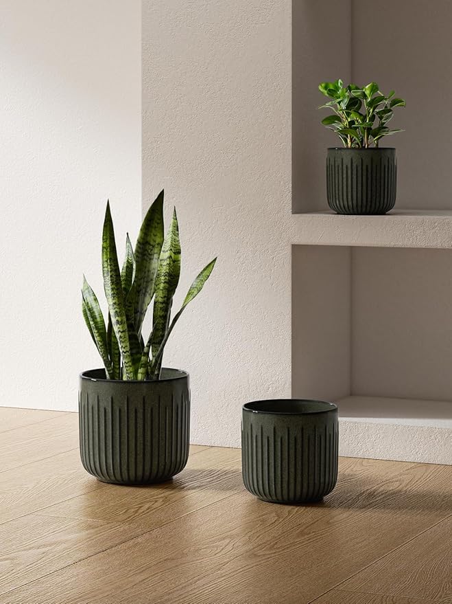 LE TAUCI Fluted Ceramic Planters Set of 3 – 8.3/7 / 5.7 in Dark Olive Reactive Cylinder Indoor Plant Pots with Drainage Plug & Mesh, Glossy Stoneware Flower Pots for Succulents Herbs-Ruum Studio Home
