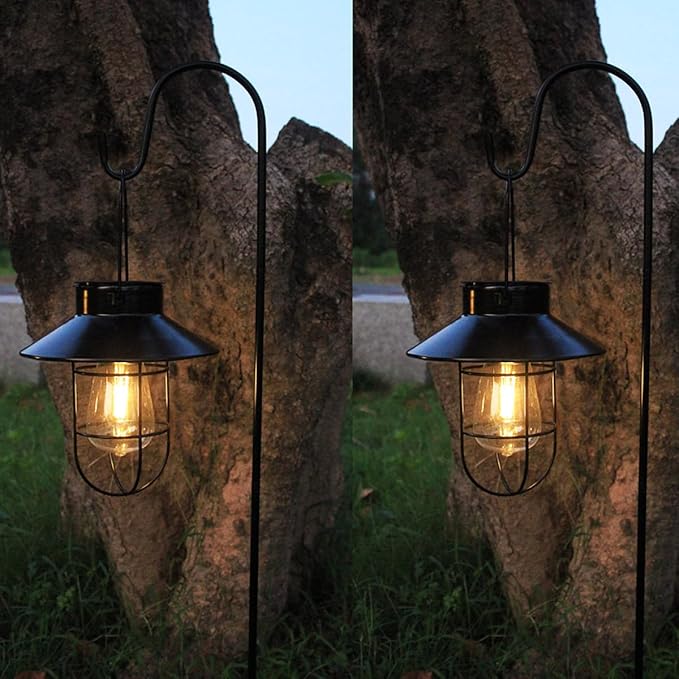 Solar Lantern 2pack Outdoor Hanging Light- Waterproof Vintage Metal Light with Shepherd Hook Decorative for Patio, Backyard, Porch, Yard (Black)-Ruum Studio Home
