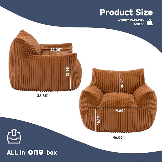 Oversized Bean Bag Chair for Adults, Giant Comfy Plush Boneless Bean Bag Couch with Filler for Kids - Reading Chair for Living Room, Bedroom & Dorm, Single Accent Chair Floor Lounger, Orange-Ruum Studio Home