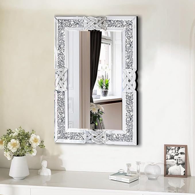 Crushed Diamond Decorative Wall Mirrors, 24x36 Inch Rectangle Living Room Mirrors for Wall Decor, Modern Glam Bathroom Dining Room Entryway Mirror Silver-Ruum Studio Home
