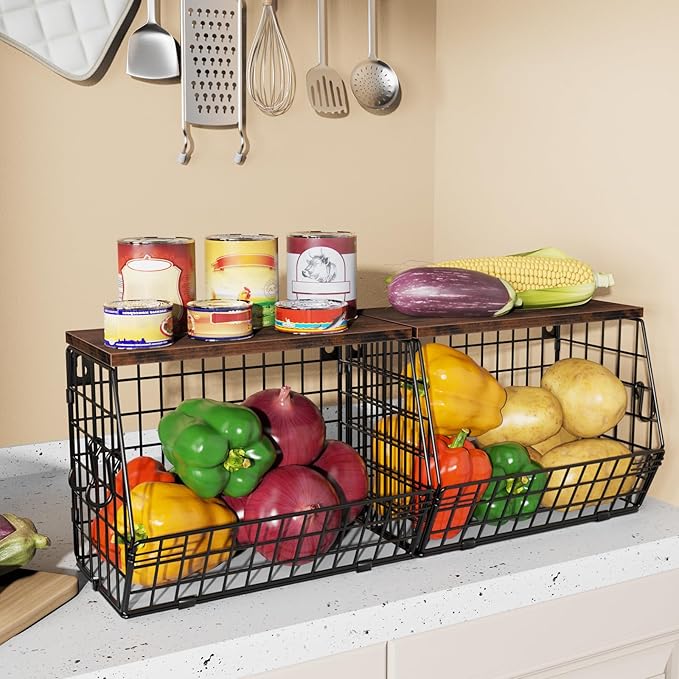 Fruit Bowl, Stackable Wall Mounted Fruit Basket of Smooth Wood Lid with 4 Banana Hanger Hooks, Metal Kitchen Counter Organizer for Snack, Fruit and Vegetable Storage, 11.8 * 7.9 * 8.5 Inches-Ruum Studio Home