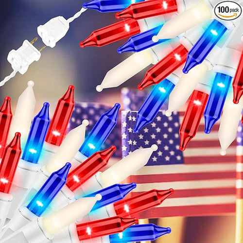 100LIGHTS RED White and Blue Extra-Bright with End Connectors 4th July Decoration Patriotic Mini String Lights 5.98m UL Certified Waterproof for Home Garden Holiday Tree Party Patio-Ruum Studio Home
