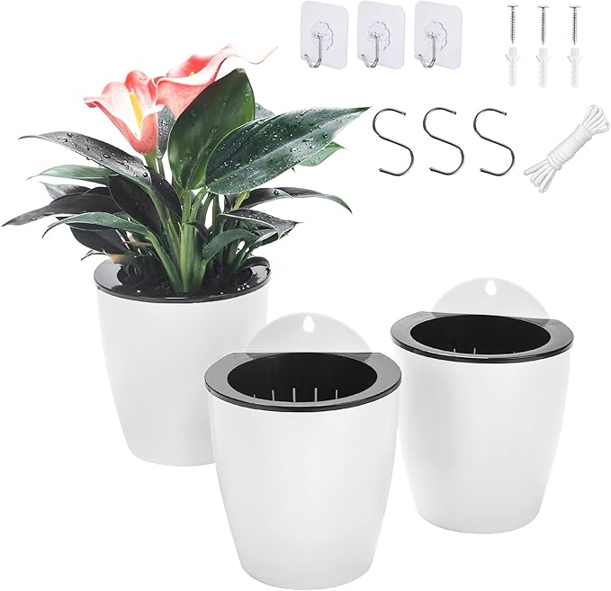 3 Pack Self Watering Wall Hanging Planter Pots Vertical Garden Window Hang Mount Indoor Outdoor Plant Flower Basket for Kitchen Herbs Balcony Railing Shelf Fence Bedroom Trellis Decor Modern White Box-Ruum Studio Home
