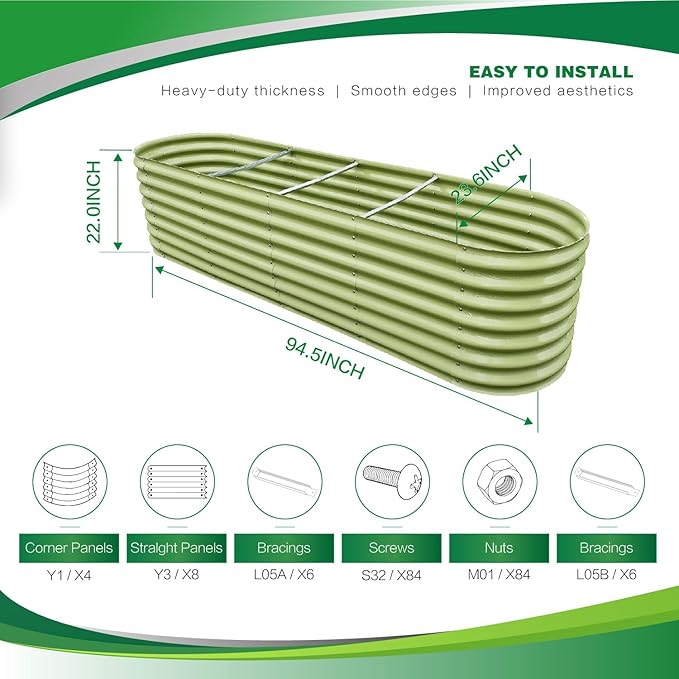 Gardmax Galvanized Raised Garden Bed, Lightweight Planter Boxes Outdoor with Easy Assembly, Large Garden Bed for Vegetables, Fruits, Flower Light Green 8x2x1.8FT-Ruum Studio Home