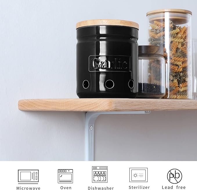 ONTUBE Large Garlic Keeper with Wooden Lid, Ceramic Garlic Holder Storage, Garlic Container for Kitchen, Garlic Saver to Keep Your Garlic Cloves Fresh Longer 4.5-Inch, Black-Ruum Studio Home