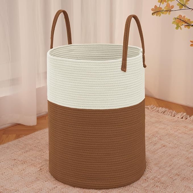 Large Woven Laundry Basket Hamper,60L Cotton Rope Storage Bin for Blankets,Toys and Clothes,Decorative Tall Nursery Hamper for Living Room,Baby Nursery,Bathroom and Bedroom,White and Brown-Ruum Studio Home