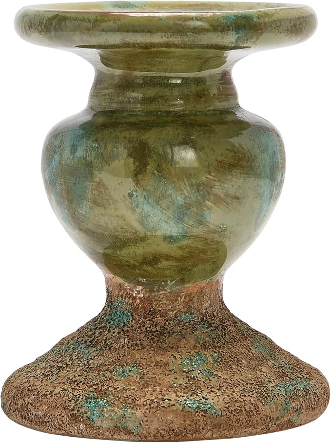 Creative Co-Op 2-Tone Sculptural Terracotta Pillar Candle Holder, Distressed Green-Ruum Studio Home