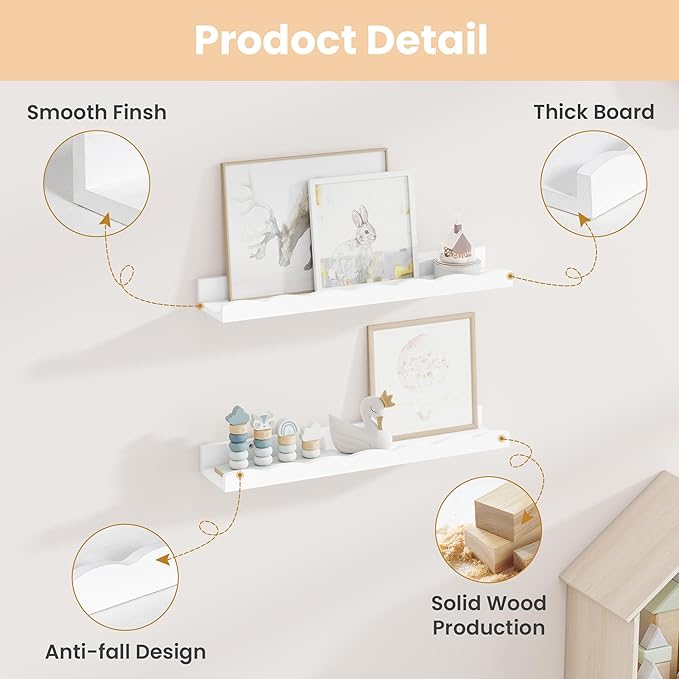 Fun Memories Picture Ledge Shelf for Wall, 24 inch Pine Wood Nursery Book Shelves Set of 2- Wall Book Shelves for Kids Room, Home Decor - Kitchen Spice-White-Ruum Studio Home