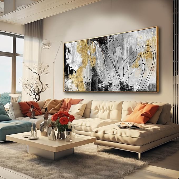 Large Canvas Wall Art Gold Abstract Paintings 29x58 Inch Wooden Framed Artwork Black Line Painting for Bedroom Bathroom Home Decor-Ruum Studio Home