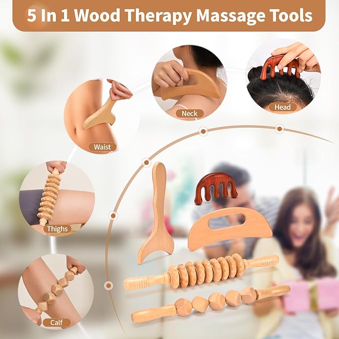 5 in 1 Wood Therapy Massage Tools Lymphatic Drainage Massager Maderoterapia Kit Wooden Massager Body Sculpting Tools for Muscle Pain Relief, Anti-Cellulite, Body Contouring and Shaping-Ruum Studio Home