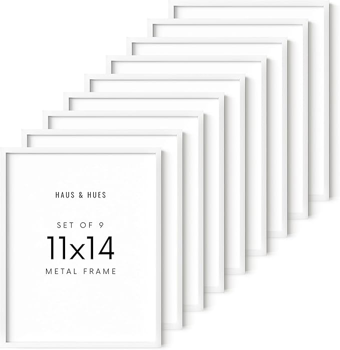 HAUS AND HUES 11x14 White Metal Picture Frames - Features Premium Aluminum, Vertical & Horizontal Hang, Shatterproof Plexiglass - Ideal for Home, Room, Office (11x14 in, White, Set of 9)-Ruum Studio Home