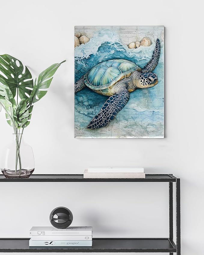 Coastal Sea Turtle Canvas Wall Art Turtle Nautical Ocean Theme Print Poster Framed Picture Painting for Home Beach House Bedroom Wall Decor 8x10 Inch-Ruum Studio Home
