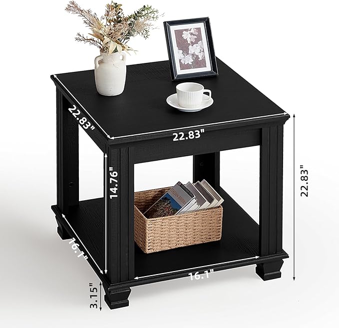 Farmhouse End Table,Large Side Table with 2-Tier Storage Shelf,Rustic Wood End Tables for Living Room,Square Tea Table,Black-Ruum Studio Home