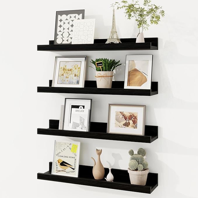 Picture Ledge Shelf, Solid Pine Wood Floating Shelves Set of 4, 16 Inches Nursery Book Shelves for Toys Storage, Kids Bookshelf Wall Mounted for Living Room Decor Photo Frames, Black-Ruum Studio Home