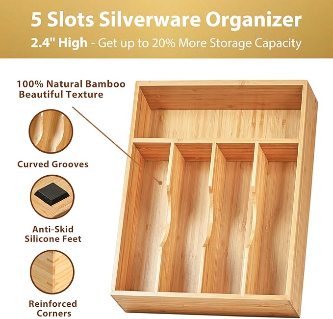 Umilife Kitchen Drawer Organizer, 10 Inch Silverware Utensil Tray Holder, Extra Deep, with Non-Slip Feet & Grooved Drawer Divider, 5 Slots Total Bamboo Wood Caddy for Flatware Cutlery Knives-Ruum Studio Home